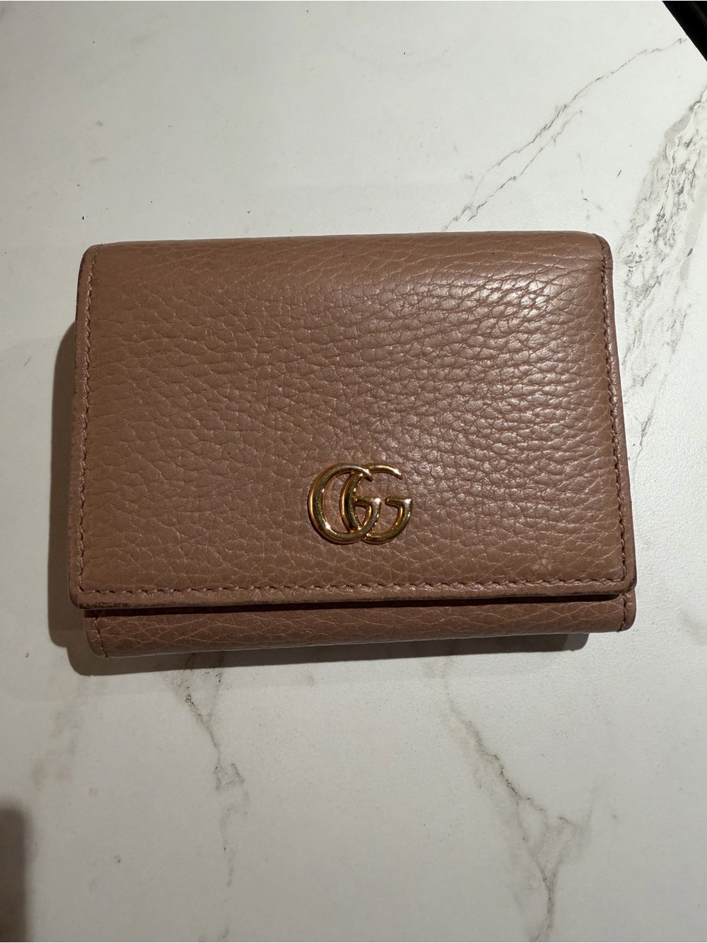 Gucci Pebbled Leather Wallet in Taupe Pink with Gold Double G